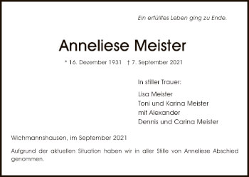 Traueranzeige von Anneliese Meister von WRS