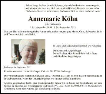 Traueranzeige von Annemarie Köhn von WRS