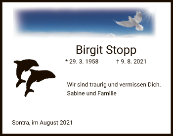 Traueranzeige von Birgit Stopp von WRS