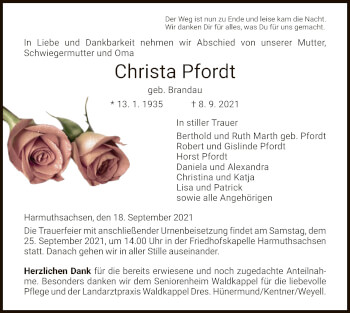 Traueranzeige von Christa Pfordt von WRS