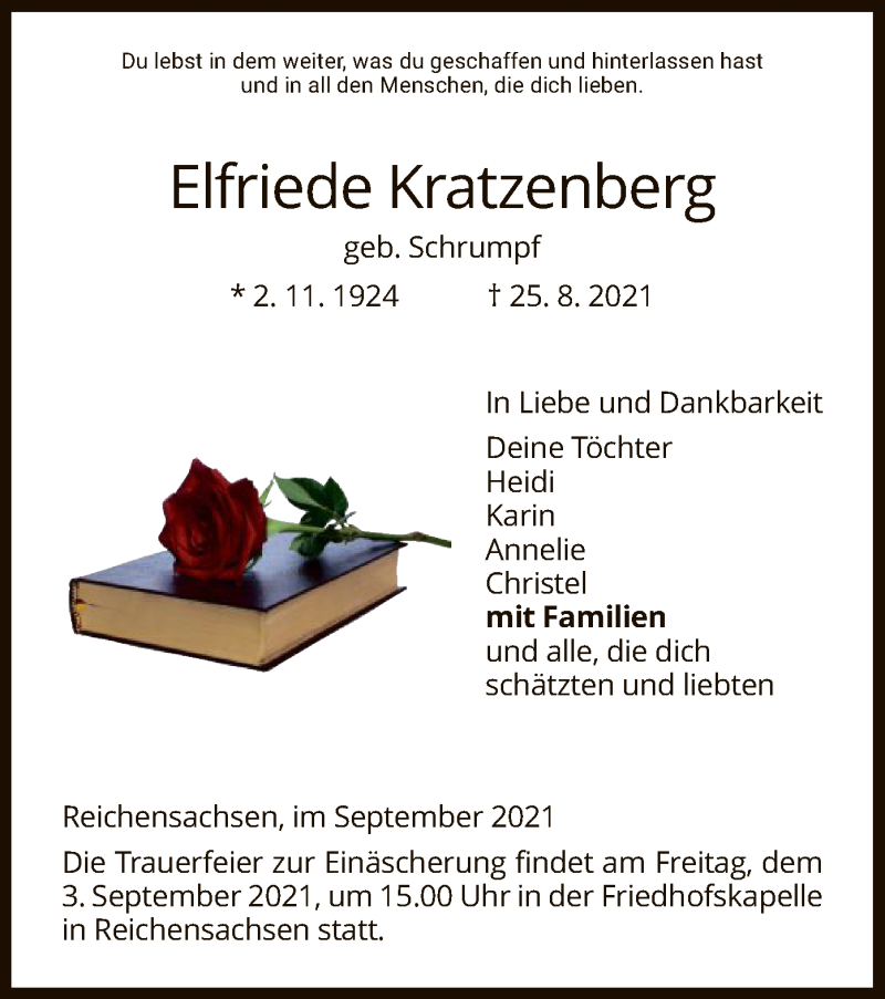  Traueranzeige für Elfriede Kratzenberg vom 01.09.2021 aus WRS