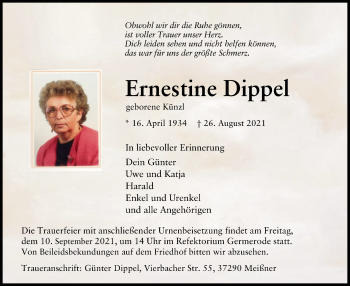 Traueranzeige von Ernestine Dippel von WRS