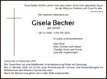 Traueranzeige von Gisela Becker von WRS