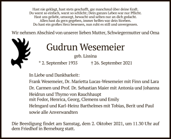 Traueranzeige von Gudrun Wesemeier von WRS