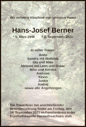 Traueranzeige von Hans-Josef Berner von WRS