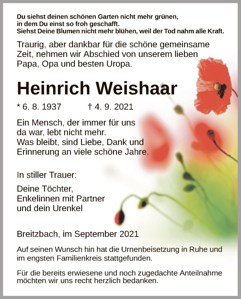  Traueranzeige für Heinrich Weishaar vom 25.09.2021 aus WRS