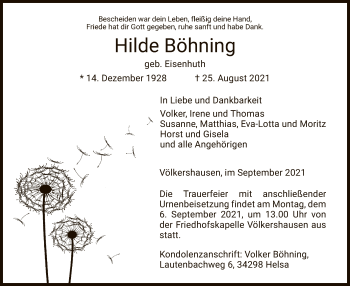 Traueranzeige von Hilde Böhning von WRS