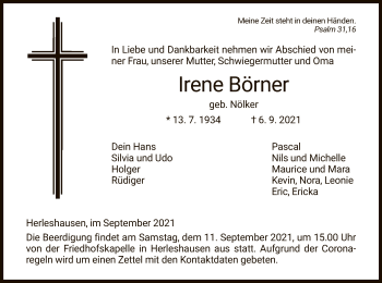 Traueranzeige von Irene Börner von WRS