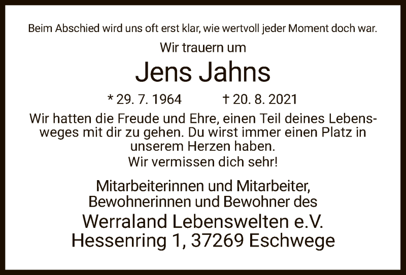  Traueranzeige für Jens Jahns vom 04.09.2021 aus WRS