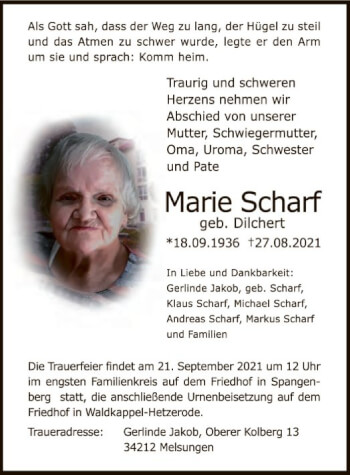 Traueranzeige von Marie Scharf von WRS