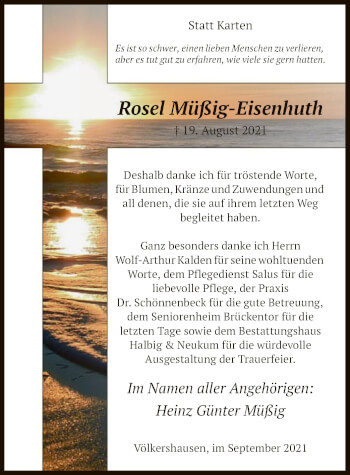 Traueranzeige von Rosel Müßig-Eisenhuth von WRS