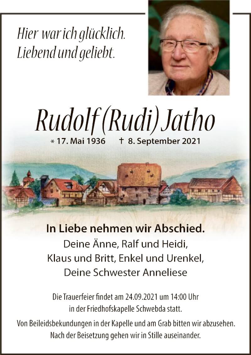  Traueranzeige für Rudolf Jatho vom 17.09.2021 aus WRS