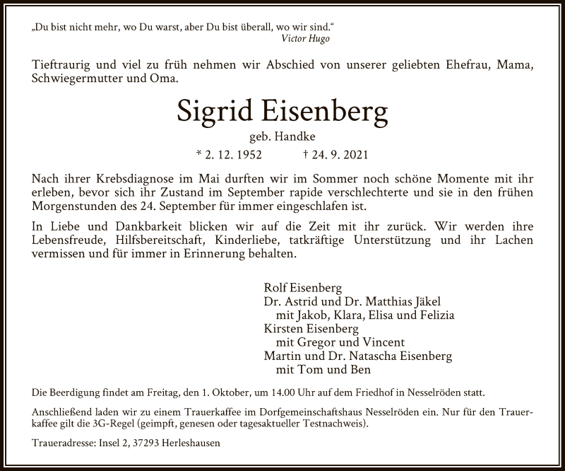  Traueranzeige für Sigrid Eisenberg vom 28.09.2021 aus WRS