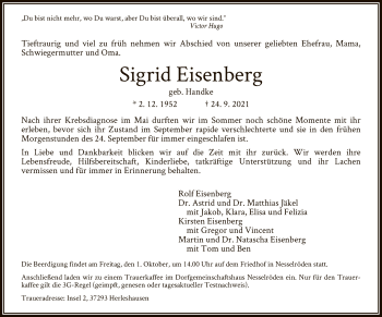 Traueranzeige von Sigrid Eisenberg von WRS