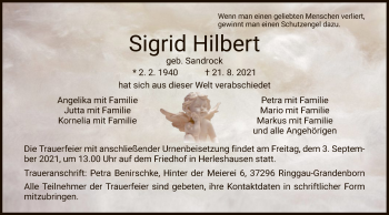 Traueranzeige von Sigrid Hilbert von WRS