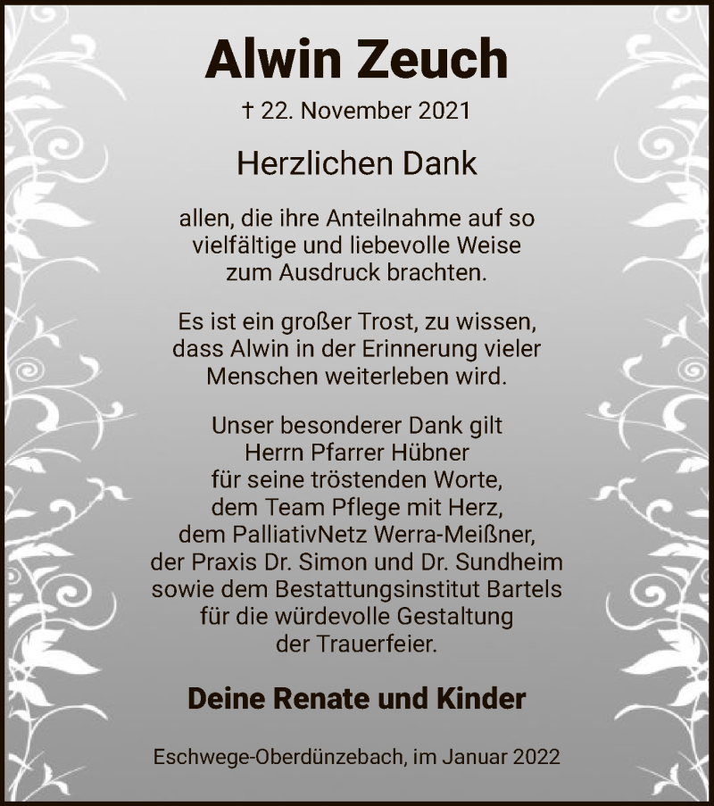  Traueranzeige für Alwin Zeuch vom 08.01.2022 aus WRS