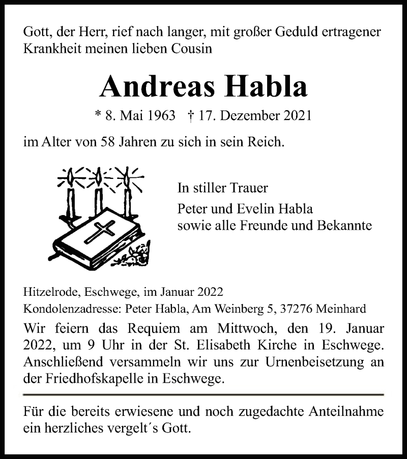  Traueranzeige für Andreas Habla vom 15.01.2022 aus WRS