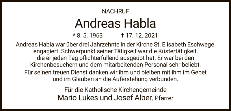  Traueranzeige für Andreas Habla vom 15.01.2022 aus WRS