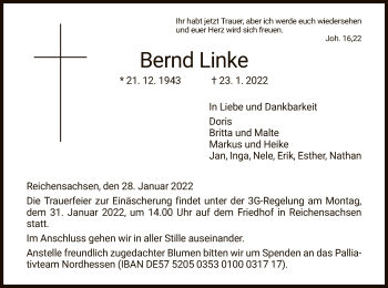 Traueranzeige von Bernd Linke von WRS