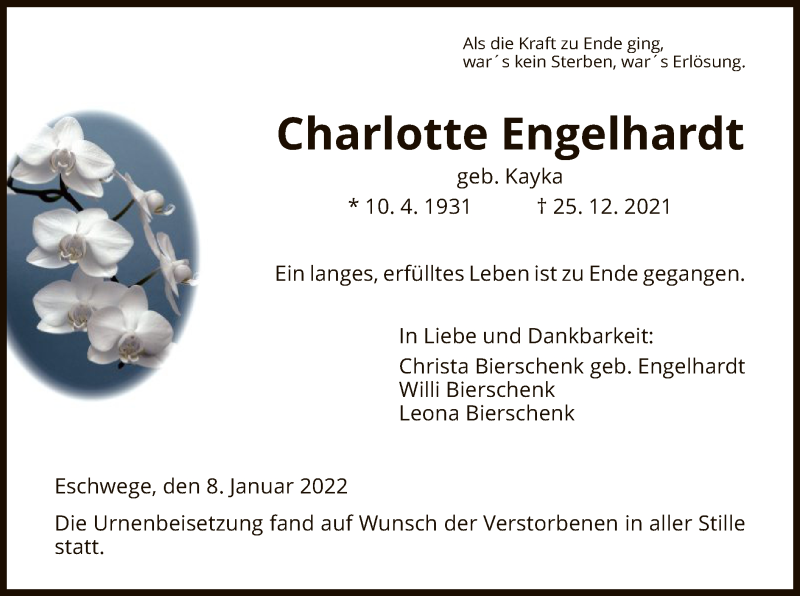  Traueranzeige für Charlotte Engelhardt vom 08.01.2022 aus WRS