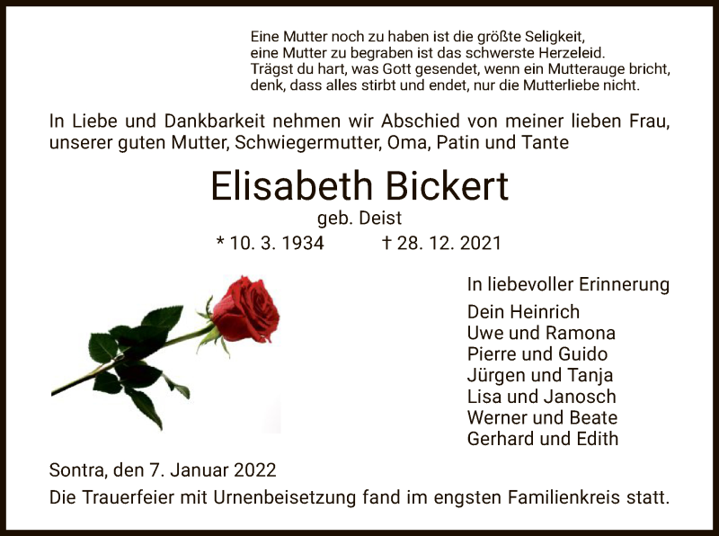  Traueranzeige für Elisabeth Bickert vom 07.01.2022 aus WRS