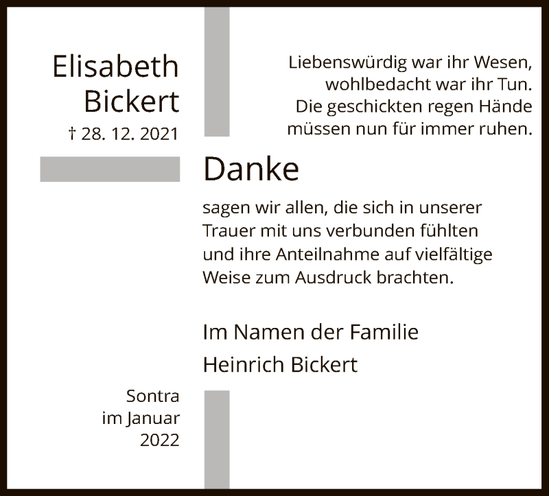  Traueranzeige für Elisabeth Bickert vom 29.01.2022 aus WRS