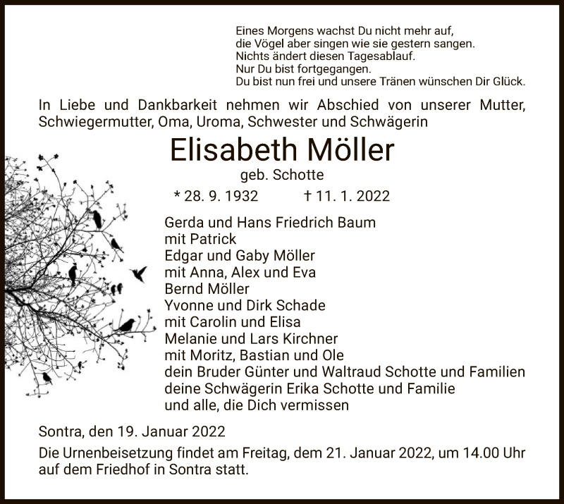  Traueranzeige für Elisabeth Möller vom 19.01.2022 aus WRS