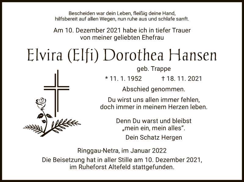  Traueranzeige für Elvira Hansen vom 11.01.2022 aus WRS