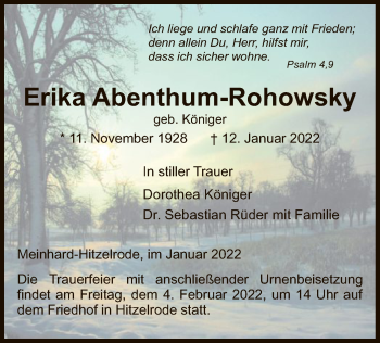 Traueranzeige von Erika Abenthum-Rohowsky von WRS