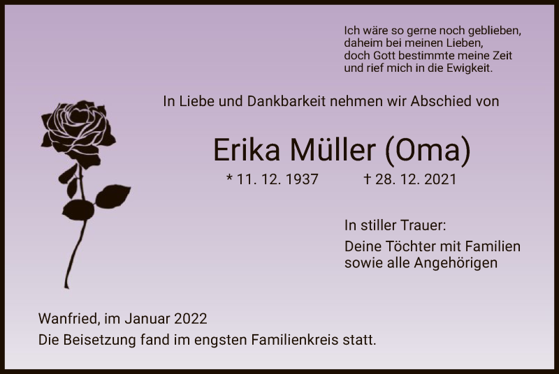  Traueranzeige für Erika Müller vom 15.01.2022 aus WRS