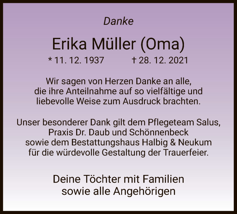  Traueranzeige für Erika Müller vom 22.01.2022 aus WRS