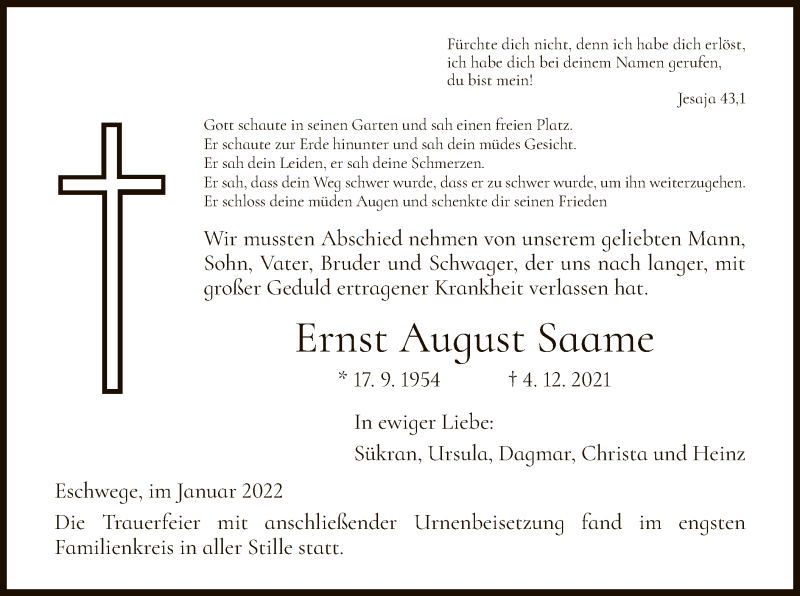  Traueranzeige für Ernst August Saame vom 08.01.2022 aus WRS