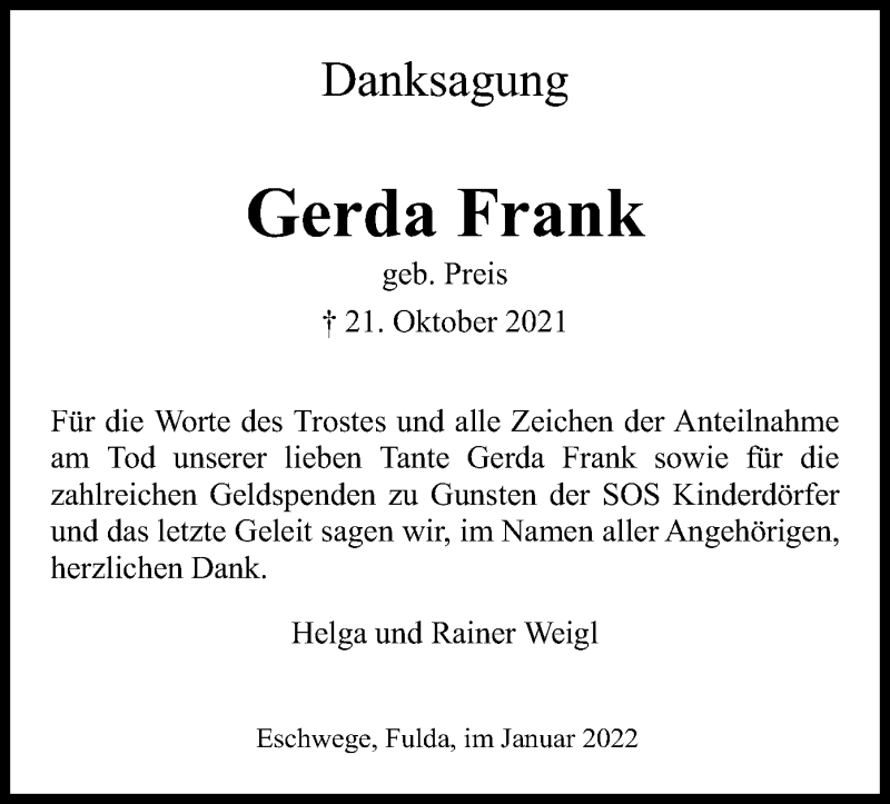  Traueranzeige für Gerda Frank vom 15.01.2022 aus WRS