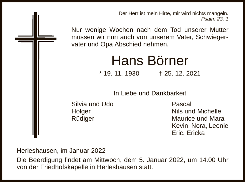  Traueranzeige für Hans Börner vom 03.01.2022 aus WRS