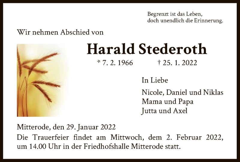  Traueranzeige für Harald Stederoth vom 29.01.2022 aus WRS