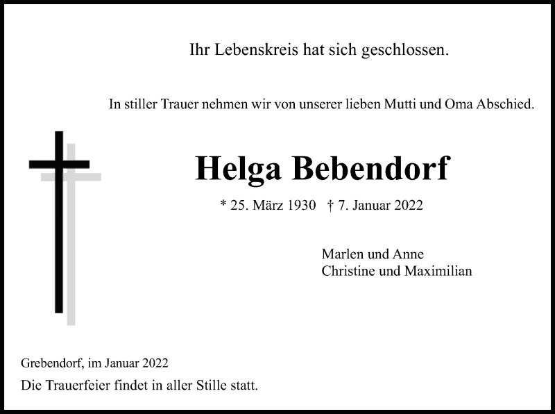  Traueranzeige für Helga Bebendorf vom 15.01.2022 aus WRS