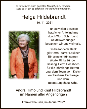 Traueranzeige von Helga Hildebrandt von WRS