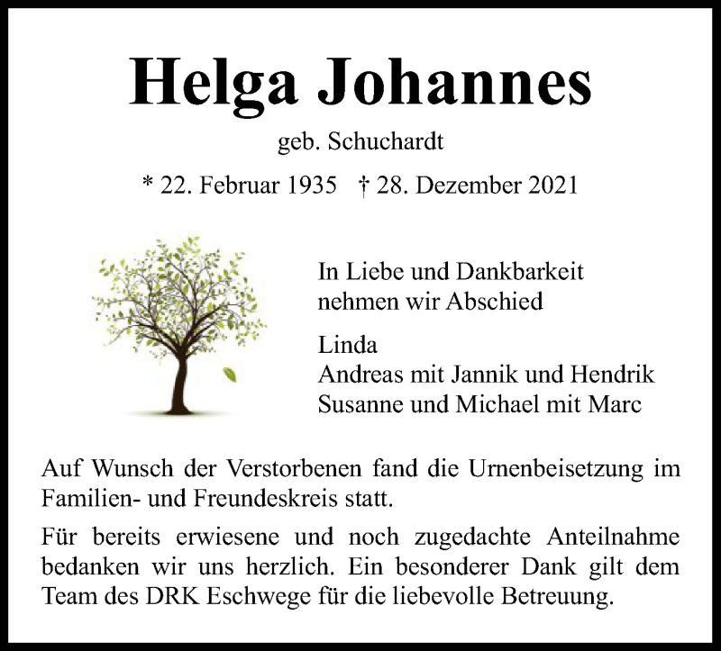  Traueranzeige für Helga Johannes vom 10.01.2022 aus WRS