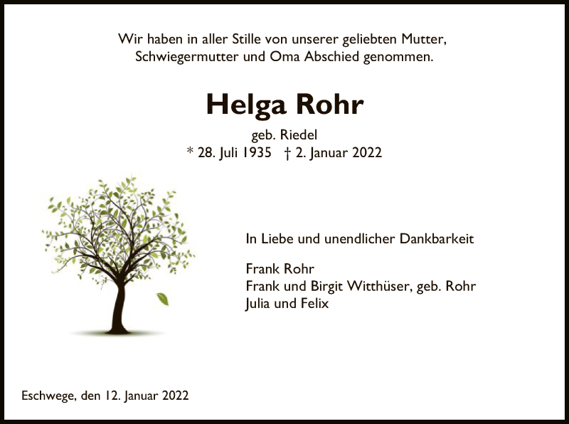  Traueranzeige für Helga Rohr vom 12.01.2022 aus WRS