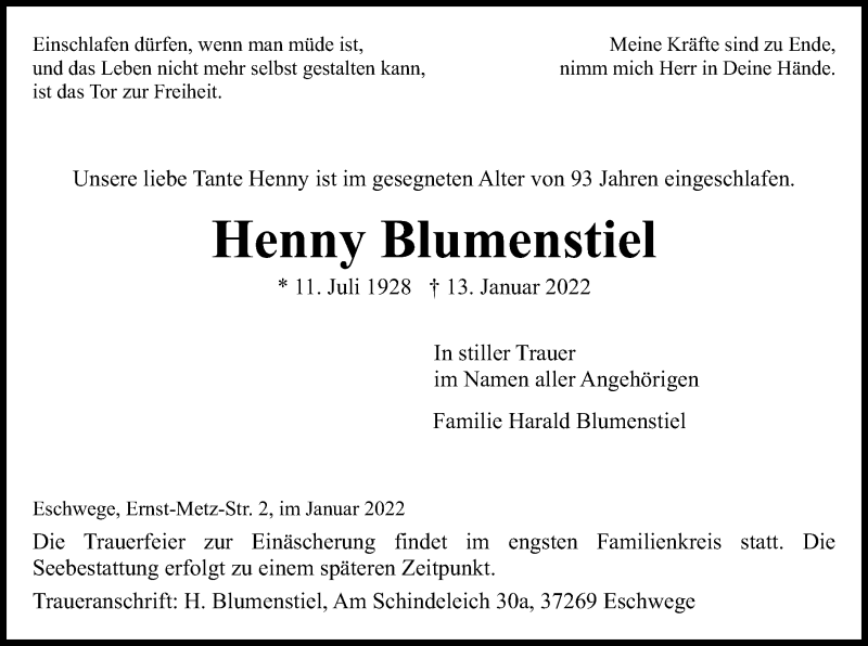  Traueranzeige für Henny Blumenstiel vom 15.01.2022 aus WRS