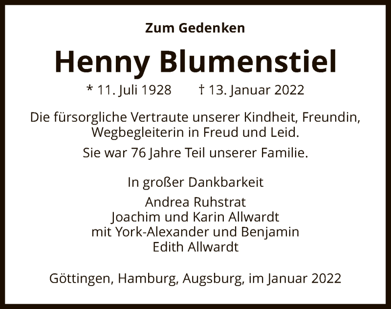  Traueranzeige für Henny Blumenstiel vom 18.01.2022 aus WRS