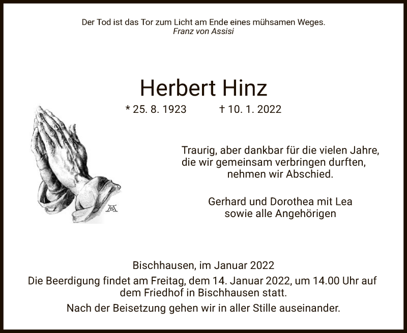  Traueranzeige für Herbert Hinz vom 13.01.2022 aus WRS