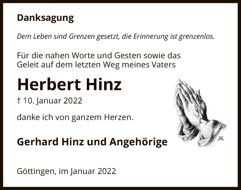  Traueranzeige für Herbert Hinz vom 29.01.2022 aus WRS