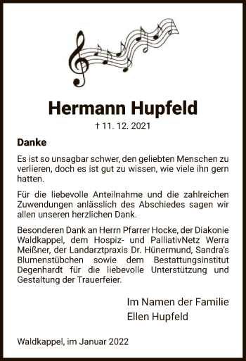 Traueranzeige von Hermann Hupfeld von WRS