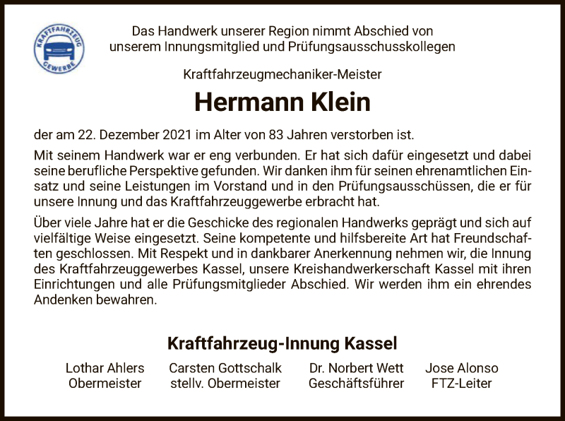  Traueranzeige für Hermann Klein vom 08.01.2022 aus HNA