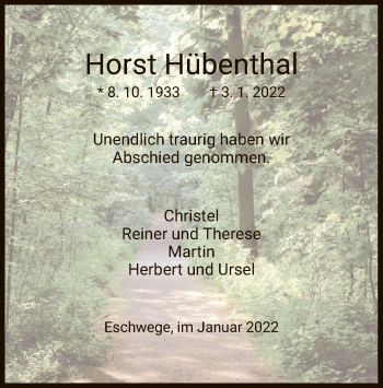 Traueranzeige von Horst Hübenthal von WRS