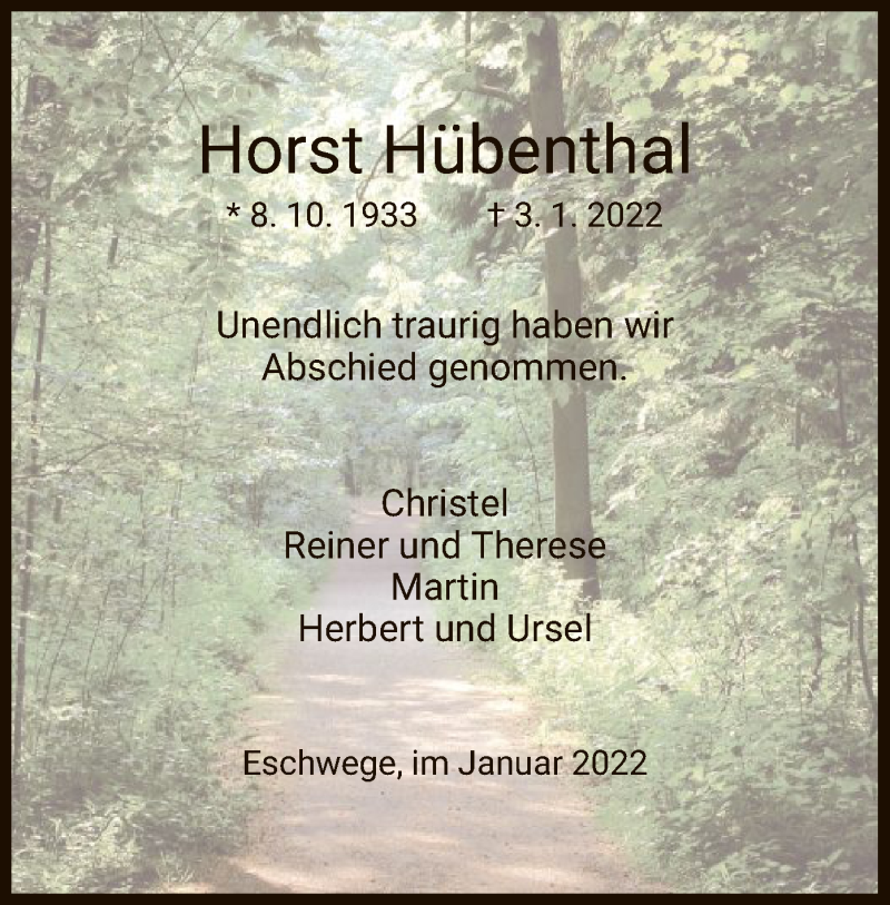  Traueranzeige für Horst Hübenthal vom 08.01.2022 aus WRS