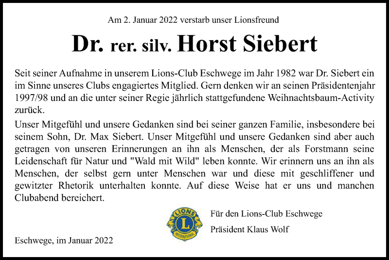  Traueranzeige für Horst Siebert vom 15.01.2022 aus WRS