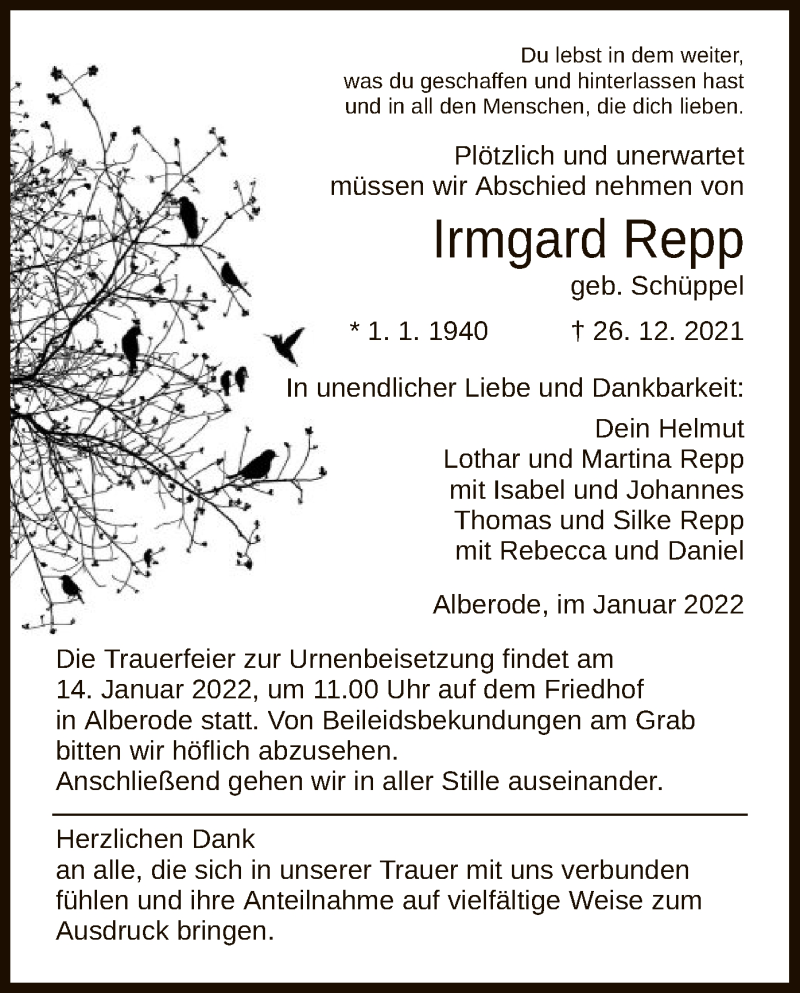  Traueranzeige für Irmgard Repp vom 08.01.2022 aus WRS