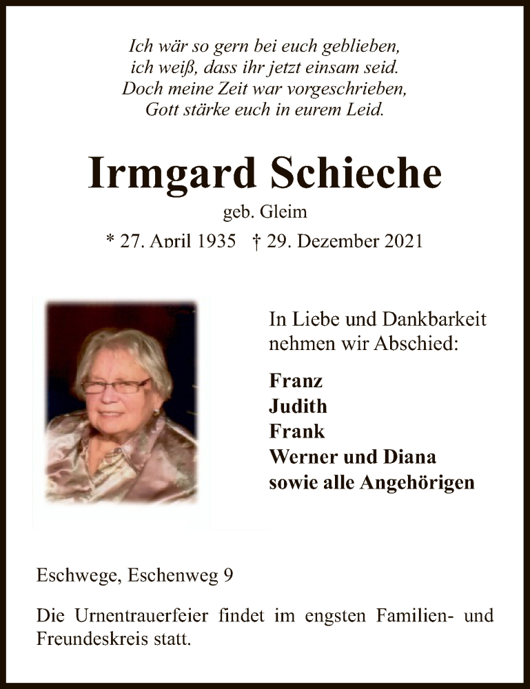  Traueranzeige für Irmgard Schieche vom 08.01.2022 aus WRS